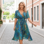 Special Blue V-neck Short Sleeve Midi Dress - Image 2