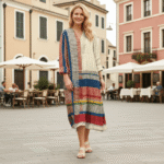 Vintage Geometric Line Art Print V-neck Long Sleeve Dress - Image 6